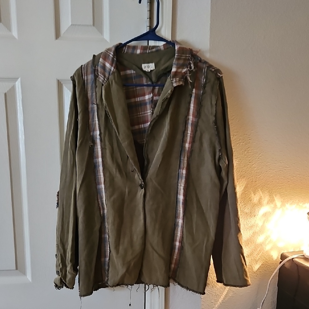 POL Olive and Plaid Utility Jacket